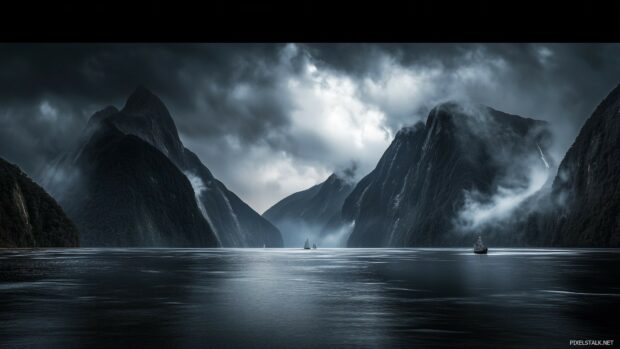 Foreboding mountains cloaked in darkness, with eerie light breaking through heavy clouds.