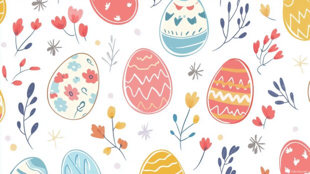 Free download Preppy Easter wallpaper HD with pastel colored eggs and flowers in a repeating tile design, soft lines, and clean vector art style.