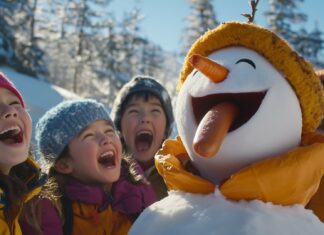 Funny Christmas Wallpaper with a playful scene of a snowman with a carrot nose that has been replaced by a hot dog, with a group of laughing kids enjoying the snowy day.