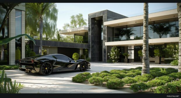 HD Car Wallpaper with a luxury car parked in front of a modern mansion.