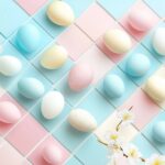 Happy Easter Image with a subtle repeating pattern of soft pastel colored eggs and small flowers arranged in tiles