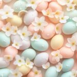 Happy Easter Image with a subtle repeating pattern of soft pastel colored eggs and small flowers arranged in tiles (2)