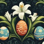 Happy Easter Image with a symmetrical pattern of soft Easter lilies and decorated eggs arranged in a seamless tile design