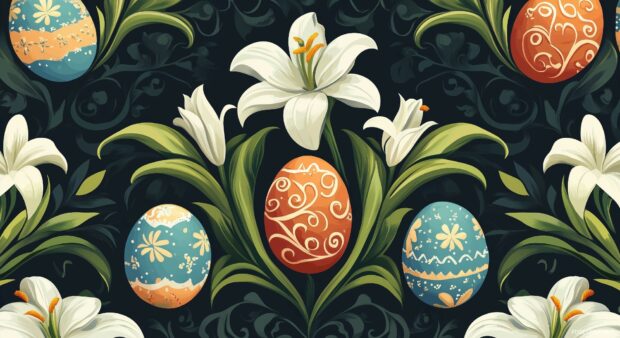 Happy Easter Image with a symmetrical pattern of soft Easter lilies and decorated eggs arranged in a seamless tile design.