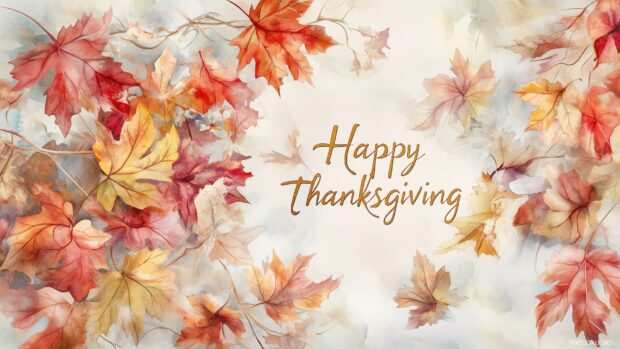 Happy Thanksgiving message in gold foil lettering, surrounded by delicate watercolor autumn leaves on a soft, neutral background.