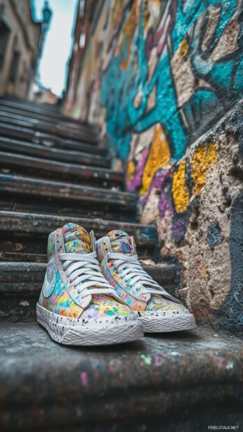 High top Nike Blazer sneakers with a trendy streetwear aesthetic, placed against a graffiti inspired urban background.