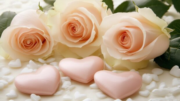 Light pink roses and hearts in a scattered arrangement on a cream background, adding elegance to Valentine.