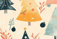 Festive Christmas trees with ornaments and holiday decorations in a whimsical, minimalist style.