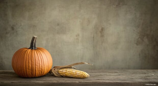 Minimalist vintage fall scene of a pumpkin and dried corn on a wooden table, with muted beige tones.