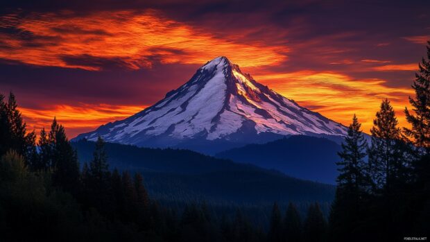 Night wallpaper with a rugged mountain peak surrounded by fiery red and orange hues of a sunset.