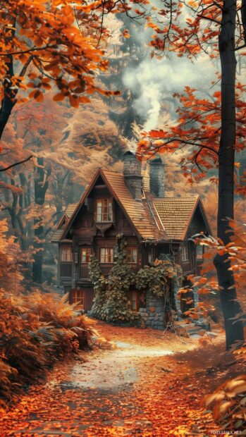 Old cottage in an autumn forest, surrounded by colorful leaves, cozy and warm atmosphere.