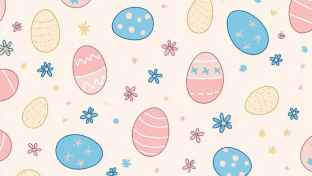 Preppy Easter Desktop wallpaper with pastel eggs and small floral elements arranged in a seamless tile design, using simple, neat vector art lines for a modern touch.