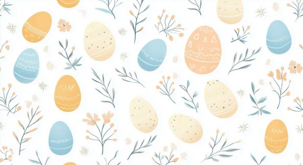 Preppy Easter PC backgorund with pastel eggs and small floral elements arranged in a seamless tile design, using simple, neat vector art lines for a modern touch.