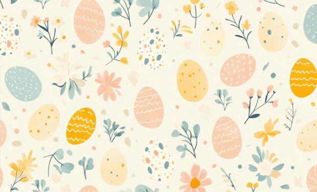 Preppy Easter wallpaper Full HD with pastel colored eggs and flowers in a repeating tile design, soft lines, and clean vector art style.
