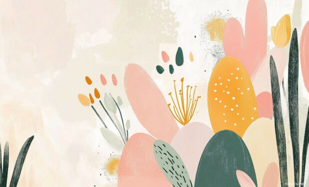 Preppy Easter wallpaper HD featuring small, delicate flowers and abstract Easter symbols in soft pastel tones, with simple lines and clean shapes in vector art style.