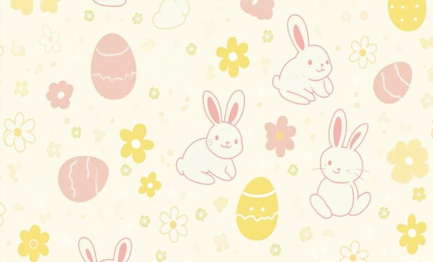 Preppy Easter wallpaper HD for desktop with simple outlines of bunnies, eggs, and spring flowers in a clean and modern vector art style.