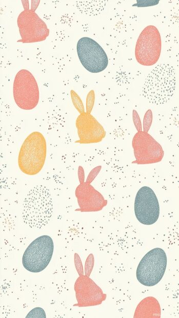 Preppy Easter wallpaper HD mobile featuring small bunny silhouettes and colorful eggs arranged in a vertical tile design, clean lines in vector art style.