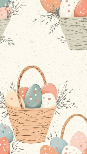 Preppy Easter wallpaper featuring a repeating pattern of Easter baskets filled with colorful eggs, soft vector outlines and pastel tones.