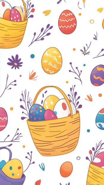 Preppy Easter wallpaper for iPhone featuring a repeating pattern of Easter baskets filled with colorful eggs.