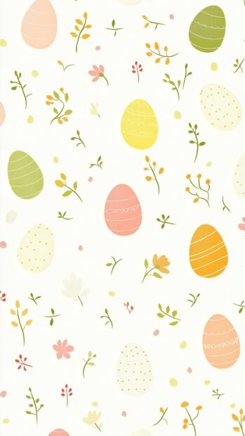 Preppy Easter wallpaper with small geometric shapes of pastel colored eggs and abstract floral elements arranged in a vertical tile design.