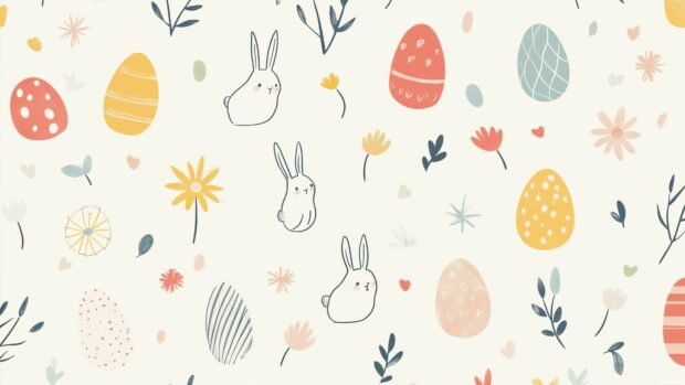 Preppy wallpaper 4K of Easter themed icons, including eggs, bunnies, and flowers, in a geometric grid with gentle vector lines.