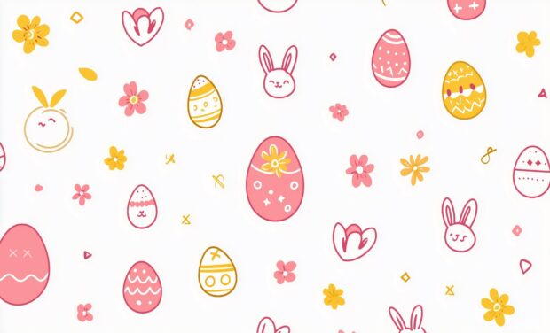 Preppy wallpaper Desktop HD of Easter themed icons, including eggs, bunnies, and flowers, in a geometric grid with gentle vector lines.