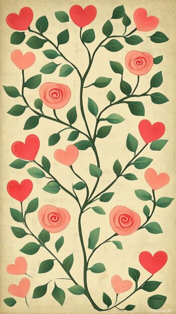 Rows of tiny pink roses and hearts in a classic, repeating tile design for Valentines Day.