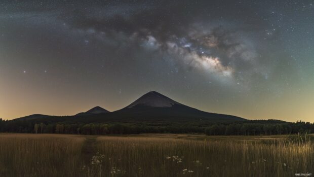 Shadowy mountain peaks silhouetted against a star filled night sky.