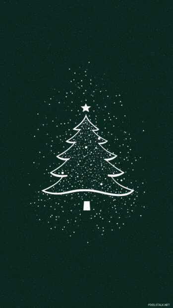 Simple Christmas wallpaper with a white outline of a Christmas tree decorated with simple dots, set against a deep green background.