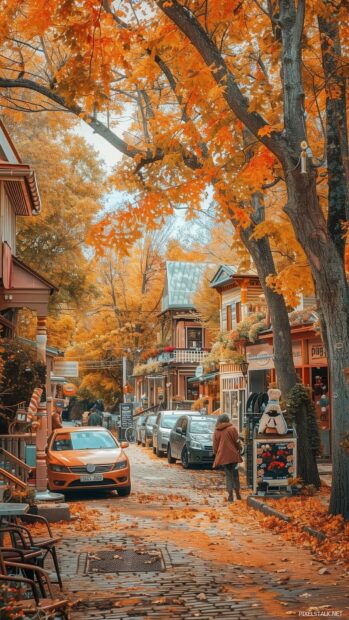 Small town in autumn, streets lined with trees in full fall colors, quaint shops and cafes, people wearing cozy clothes.
