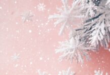 Delicate white snowflakes on a soft pink background, creating a festive and wintery atmosphere perfect for holiday wallpaper.
