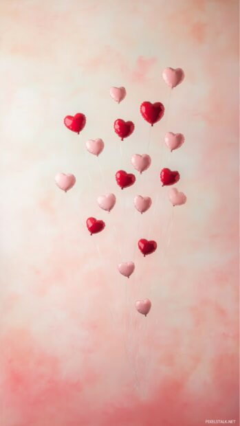 Soft pink and red heart balloons floating against a pastel background, creating a light, romantic atmosphere.