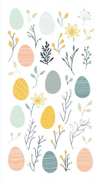 Stylized Easter eggs and spring flowers in soft pastel shades, with a simple and modern vector line art style.