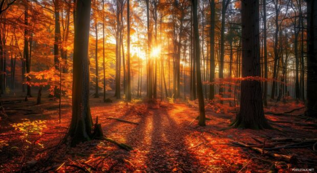 Sunlit autumn forest with vibrant colors.