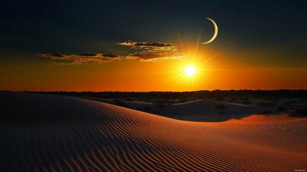 The sun shining brightly over a desert, while the moon hovers faintly in the opposite sky.