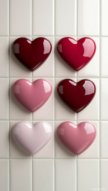 Valentine iPhone Wallpaper HD with soft pink and red hearts arranged in a repeating tile pattern with a subtle shadow effect.