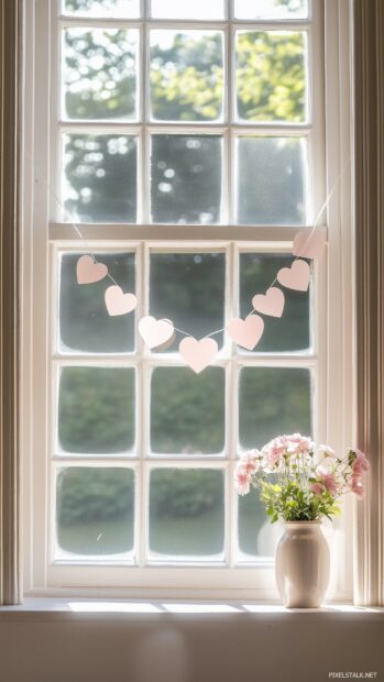 Valentine iPhone Wallpaper with a delicate pink paper heart garland hanging in a sunlit window, creating gentle, romantic shadows.