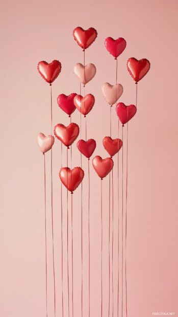 Valentine iPhone Wallpaper with a pastel pink and red background featuring tiny heart balloons drifting upwards with soft, gentle lighting.