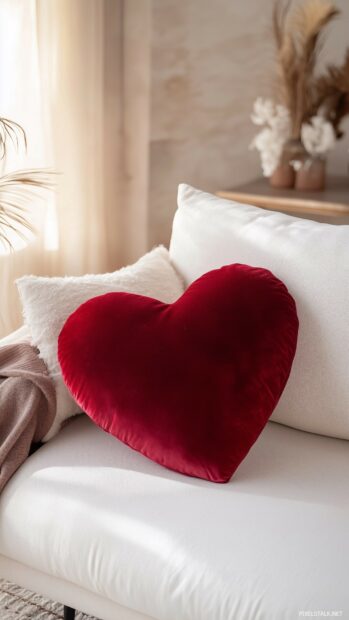 Valentine iPhone Wallpaper with a red velvet heart shaped cushion placed on a white couch with warm, cozy lighting.