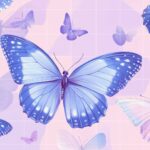 Vibrant butterflies in shades of purple and blue, arranged in a geometric grid pattern over a soft, pastel background.