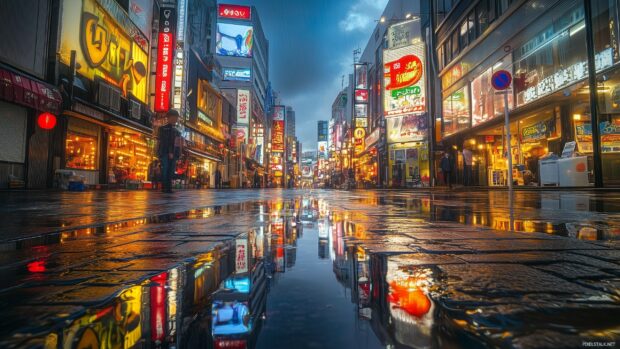 Vibrant neon cityscape with glowing signs and reflections, inspired by cyberpunk aesthetics.