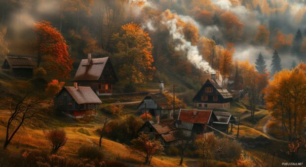 Village in autumn, surrounded by colorful trees, with cozy cottages and smoke rising from chimneys.