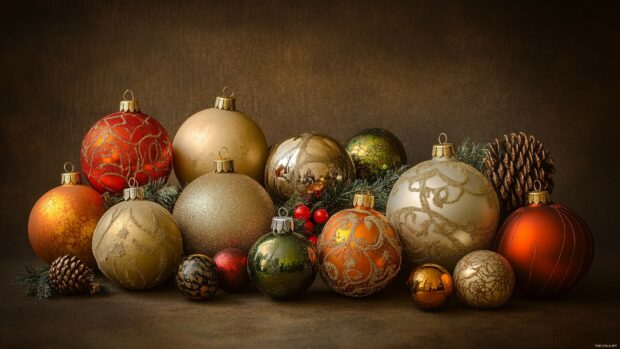 Vintage Christmas ornaments, featuring rich textures and muted colors, set against a dark background.