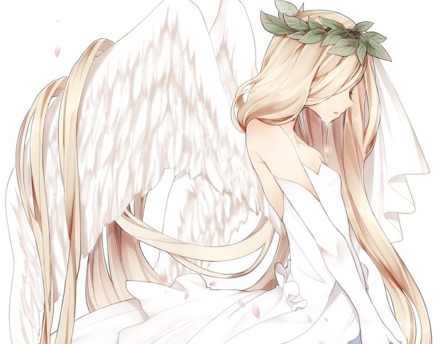 Anime angel wings long hair white dress art wallpaper.