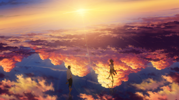 Anime landscape beyond the clouds sunset anime girl and boy.