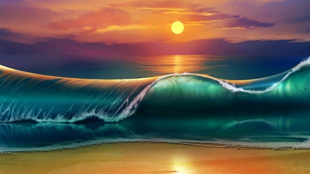 Art sunset beach sea waves 1920x1080.