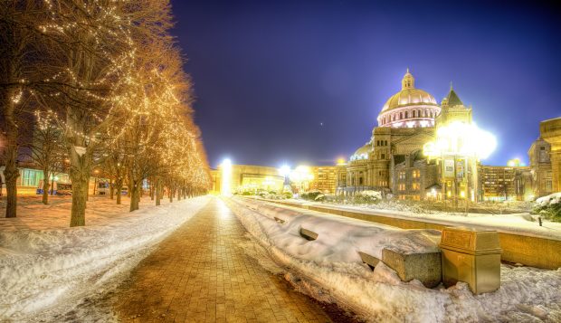 Boston Building Christmas Lights   City   Light   Night Snow Walkway Winter