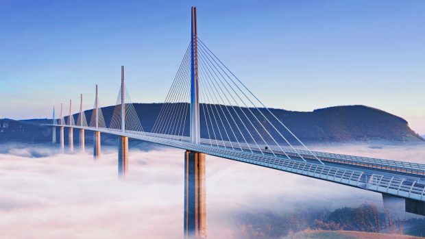 Fog Blowing under the Millau Viaduct.