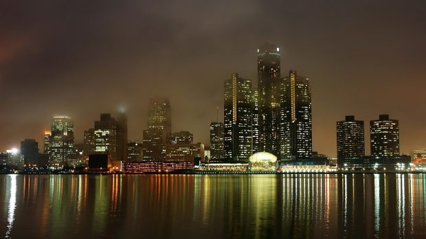 Detroit michigan usa america night view lights skyscrapers houses buildings embankment mist reflection water metropolis landscape bay sea ocean images 1920x1080.
