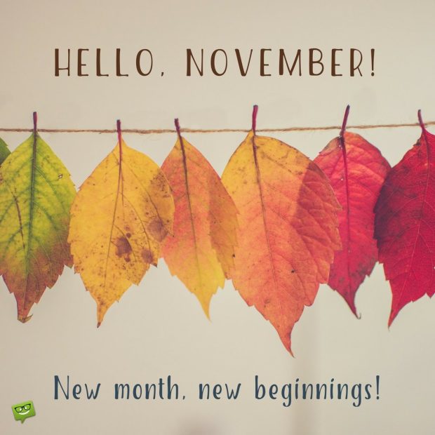 Hello November motivational quote on photo of yellow and brown leaves.